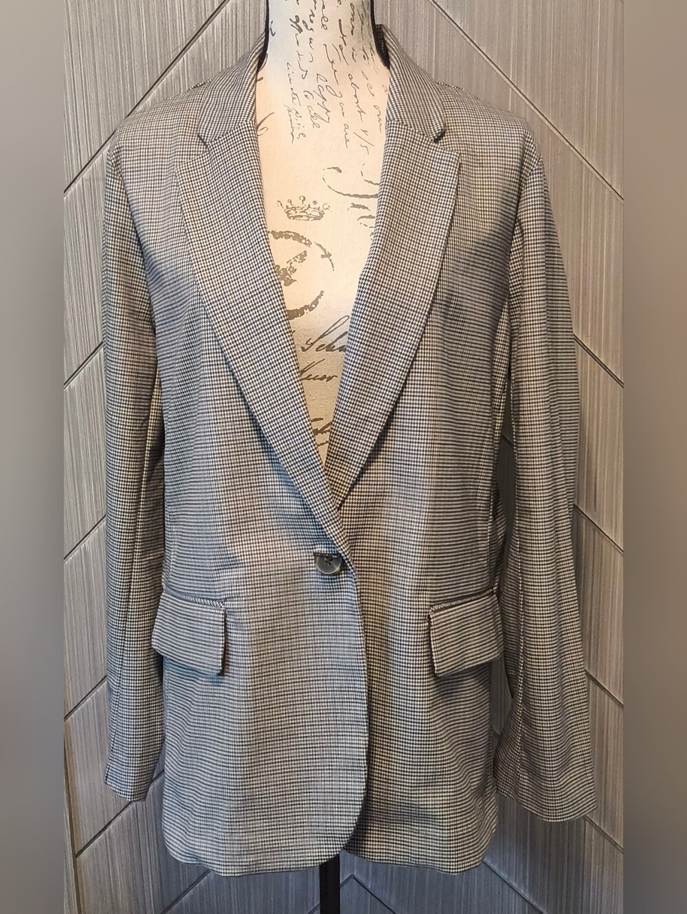 a.n.a L Houndstooth Brown Blue Cream Black Tailored English Country Blazer